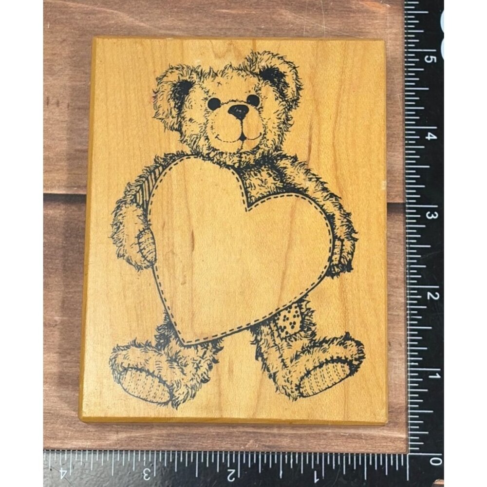 2001 PSX K-1421 TEDDY BEAR HEART FRAME WOOD MOUNTED RUBBER STAMP